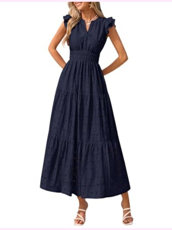 Dresses & Skirts - Boho Eyelet Maxi Dress V-Neck Flutter Sleeve Tiered Ruffle A-Line Wedding Guest